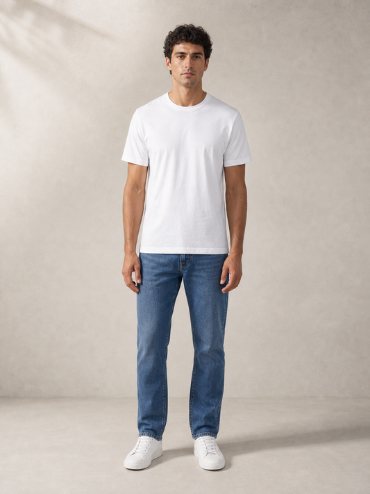 UOMO Essential White Tee front view on a male model in blue jeans and white sneakers