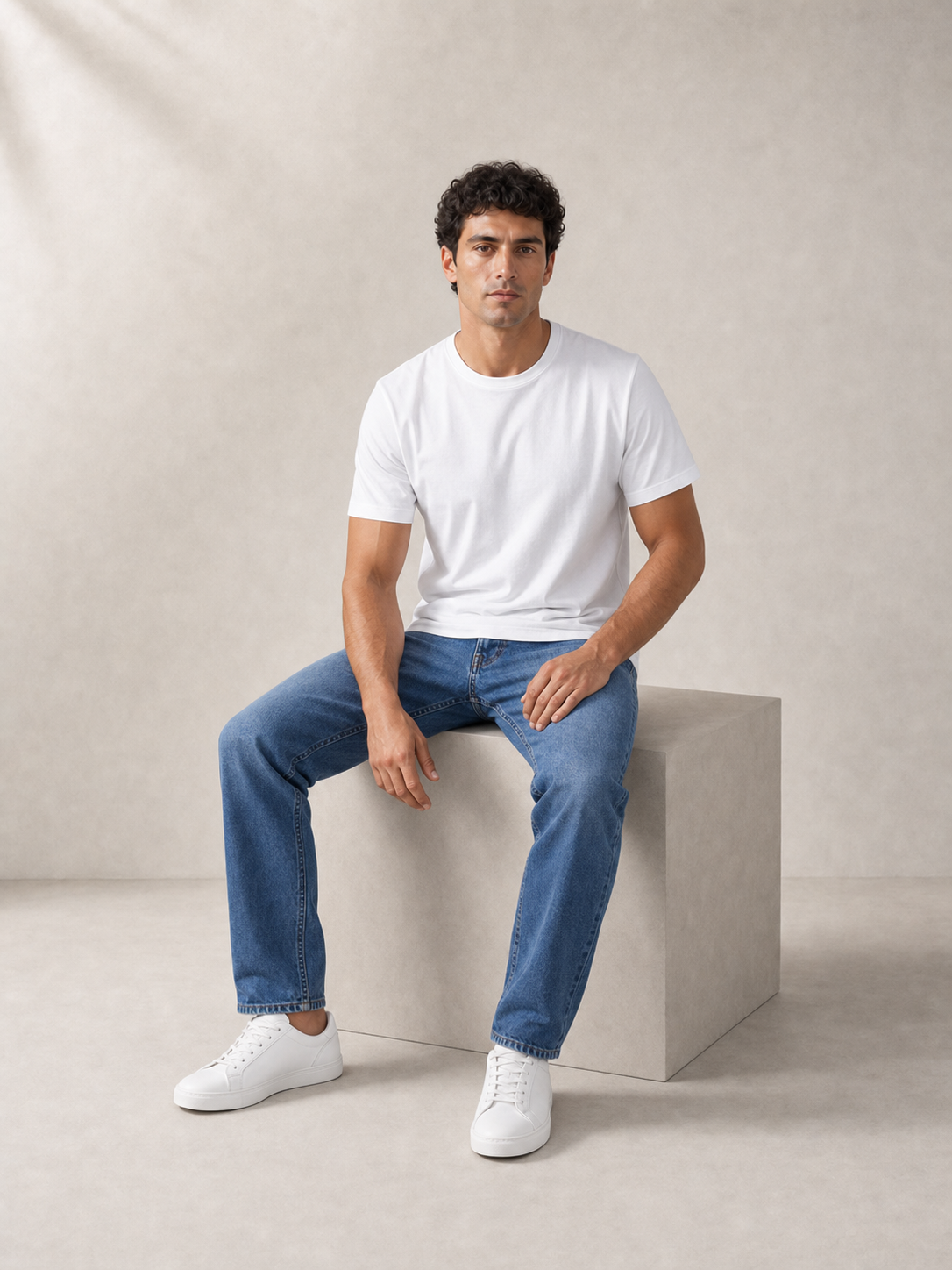 UOMO Essential White Tee on a seated male model in blue jeans and white sneakers