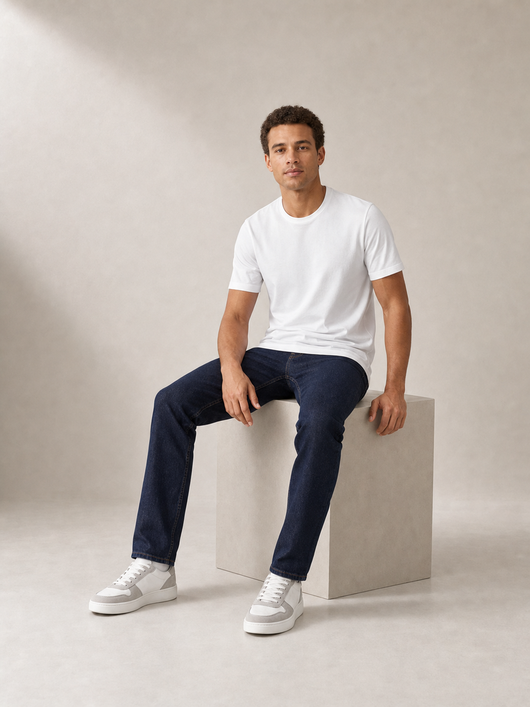UOMO Fine White Tee on a seated male model in dark indigo jeans and grey-white sneakers