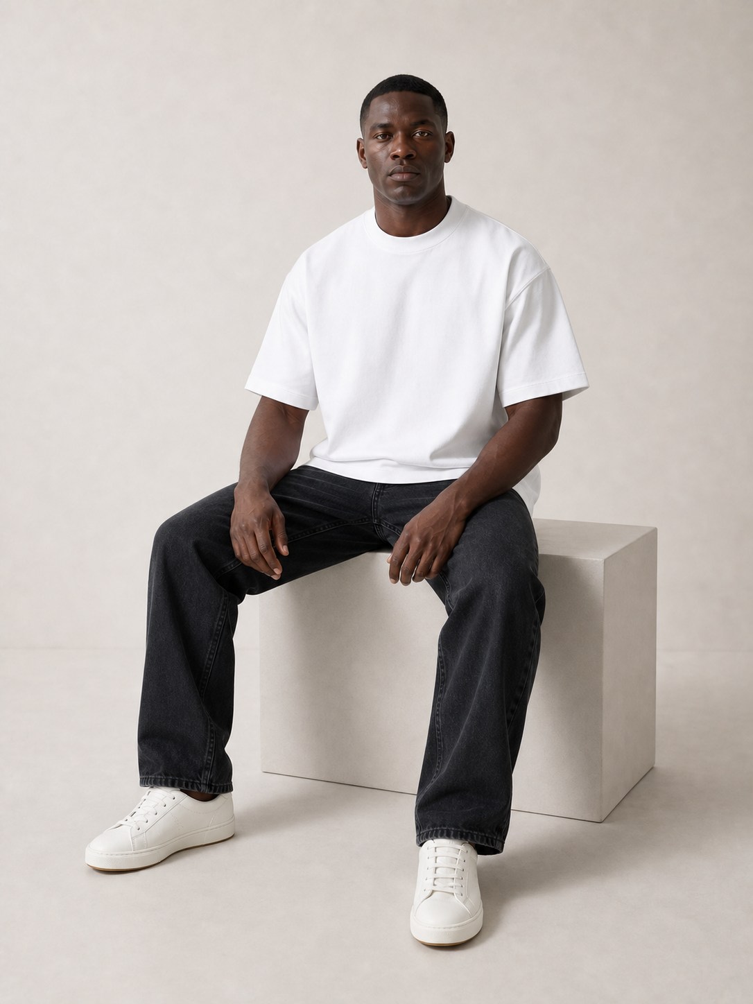 UOMO Heavyweight White Tee on a seated male model in washed black jeans and off-white sneakers