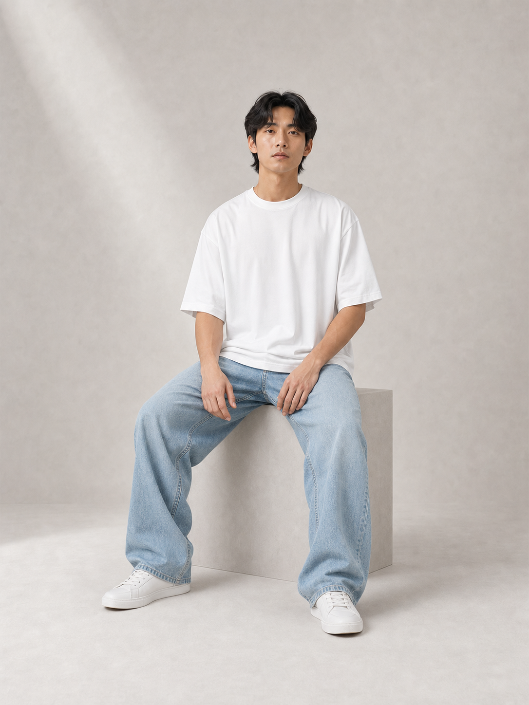 UOMO Relaxed White Tee on a seated male model in pale blue wide-leg jeans and white sneakers